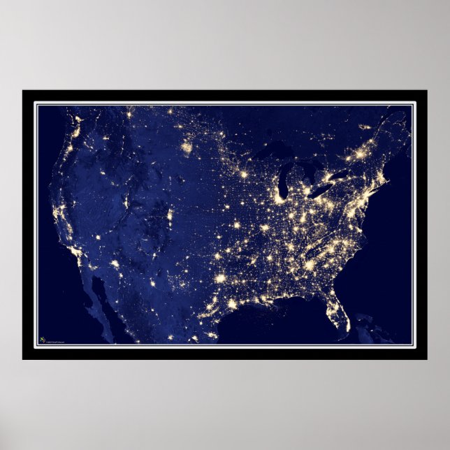 United Stater City Ljus vid Night Satellite Karta Poster (Framsidan)