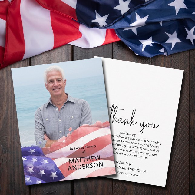 United Stater Flagga Funeral Photo Tack Kort (United States flag and photo funeral memorial flat thank you cards)