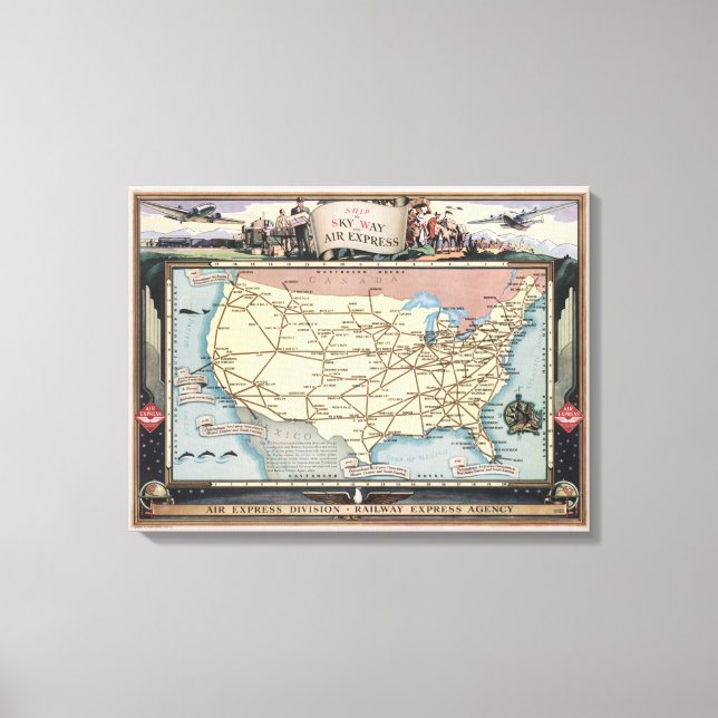 United Stater Karta Frakt Skyway via Luft Express Canvastryck (Framsida)