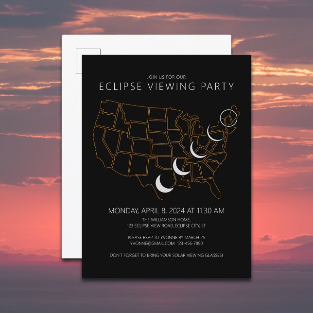 United Stater Solar Eclipse 4.8.2024 View Party Inbjudan Vykort (Add your Eclipse Viewing Party details to Customize)
