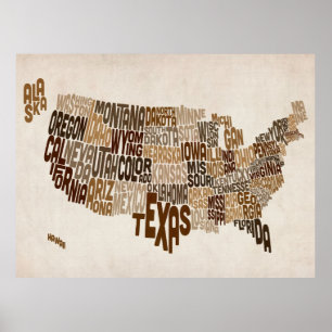 United Stater Typography Text Karta Poster