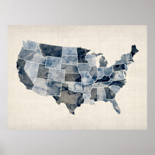 United States vattenfärgkarta Poster