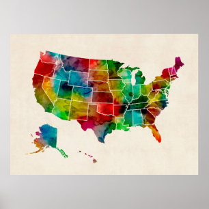United States vattenfärgkarta Poster