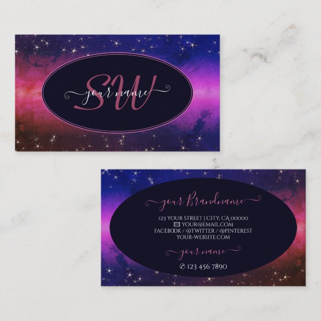 Universe Colorful Galaxy Glitter Stars Initialer Visitkort (Fram/baksida)