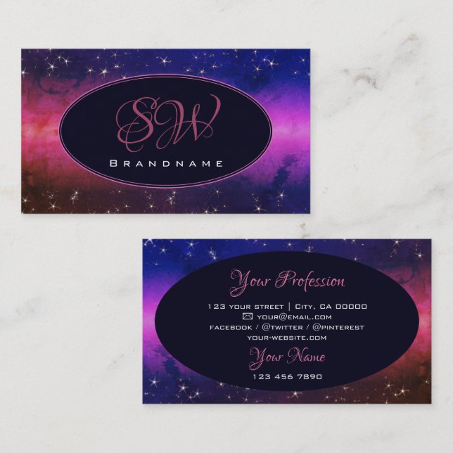 Universe Colorful Galaxy Glitter Stars Monogram Visitkort (Fram/baksida)