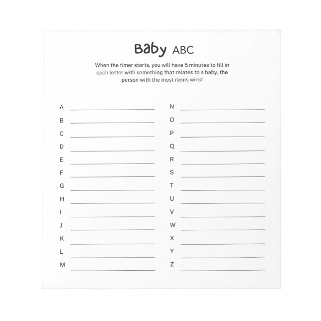 Universellt Könsneutralt Baby Shower ABC-spel Anteckningsblock (Framsida)