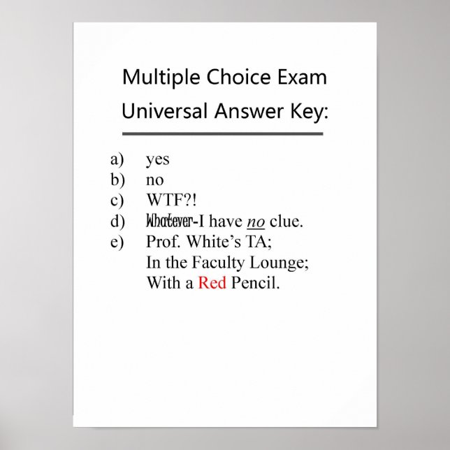 Universellt svar på många Choice Exam Nyckel Poster (Framsidan)