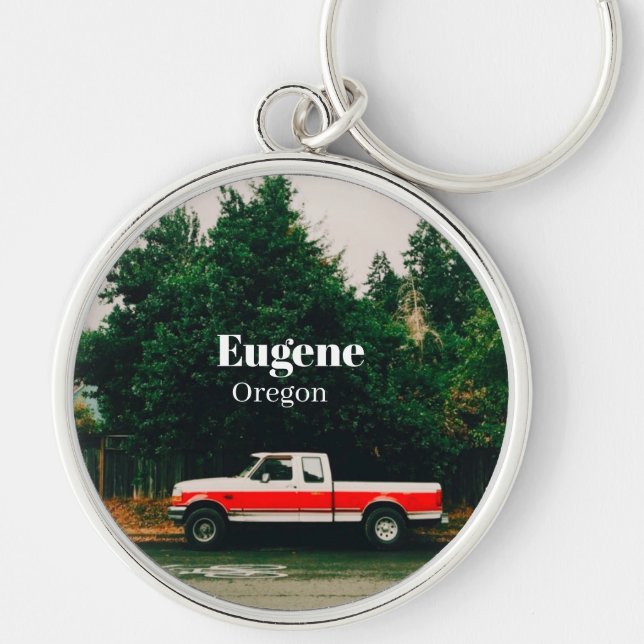 Universitetsstaden Eugene - Oregon Rund Silverfärgad Nyckelring (Framsidan)