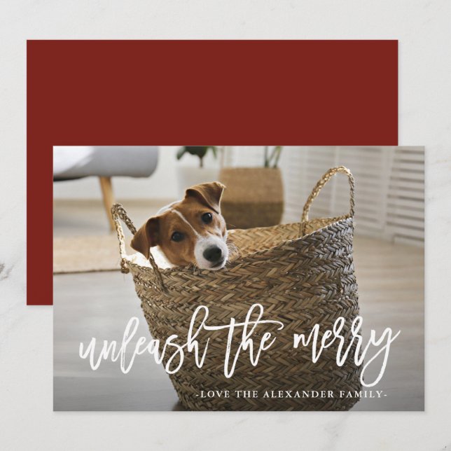 Unleash the Merry Script Cute Dog Photo Julkort (Fram/baksida)