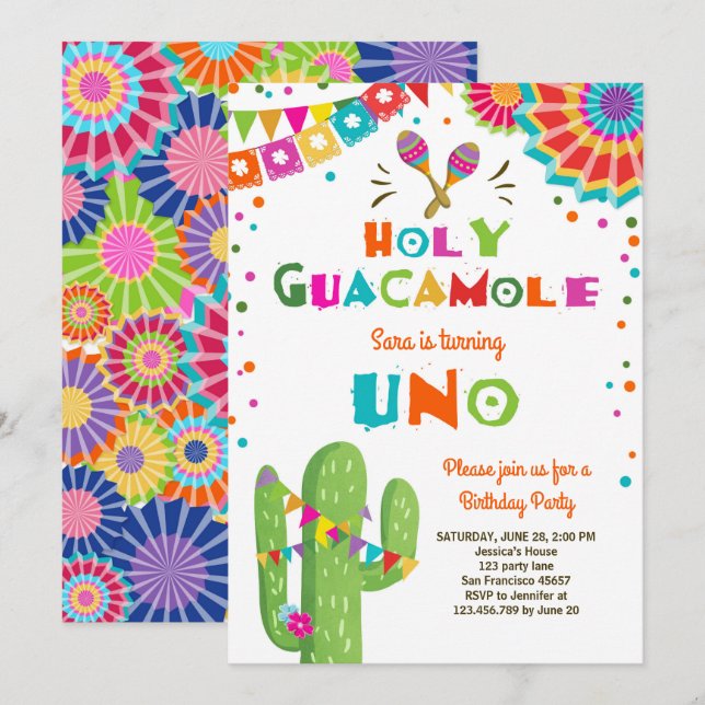 Uno Fiesta:s första födelsedag Cactus Party Inbjudningar (Fram/baksida)