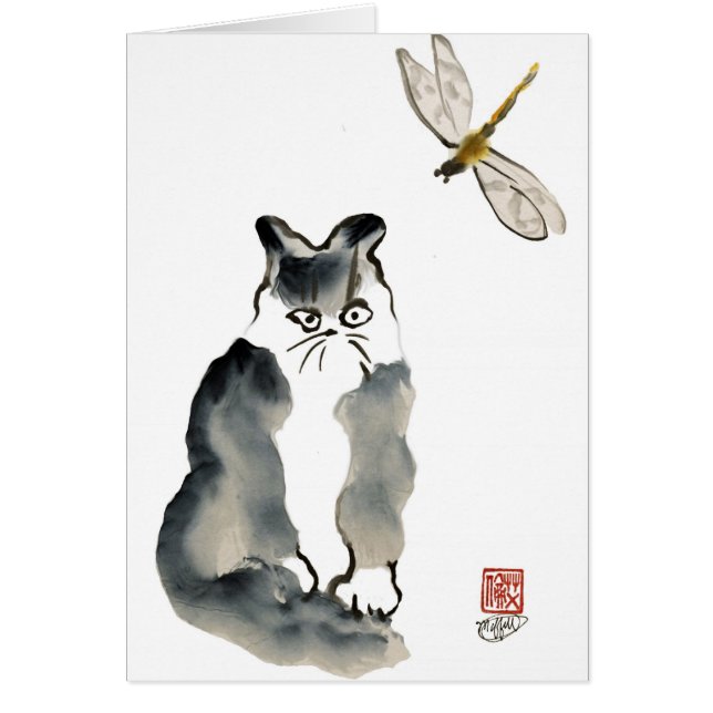 Unpalatable insekt [slända] och grå kattunge hälsningskort (Framsidan)