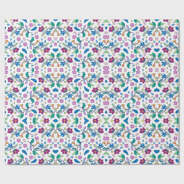 Unrolled and flat views of vibrant floral wrapping presentpapper (Platt)