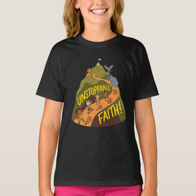 Unstoppable Faith Adventure – Kids Nature Mountain T Shirt (Framsida)