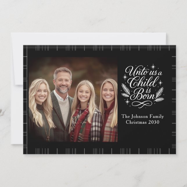 Unto Us A Child Is Born Plaid Photo Christmas Card Julkort (Framsida)