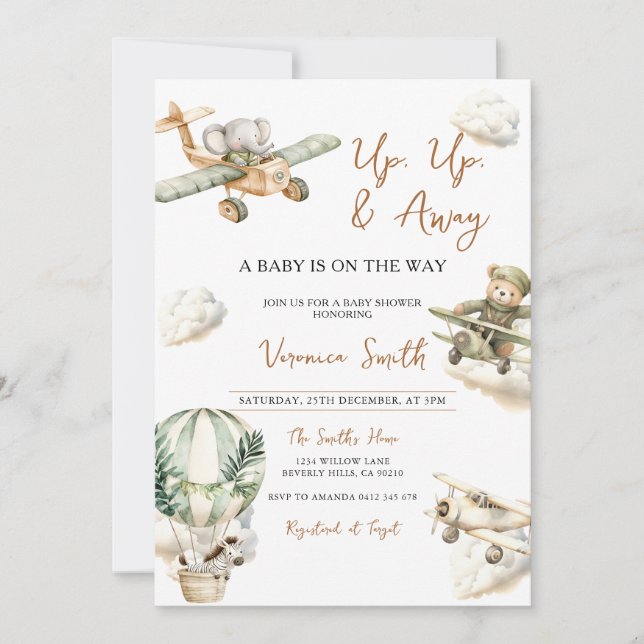 Up & Away, Hot Air Balloon Airplane Baby Shower Inbjudningar (Framsida)