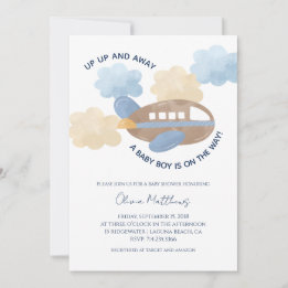 Up Up and Away Watercolor Airplane Boy Baby Shower Inbjudningar