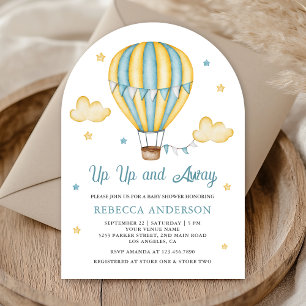 Up Up Away Gul Blå Varm Luft Ballong Baby Shower Inbjudningar
