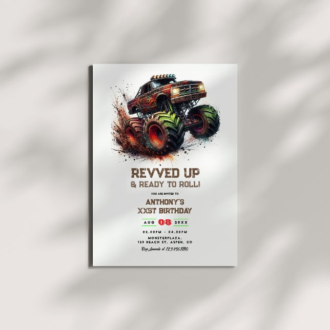 “Upgraderad & Redo att Rulla” Monster Truck Födels Inbjudningar (“Revved Up & Ready to Roll” Monster Truck Birthday Invitation)