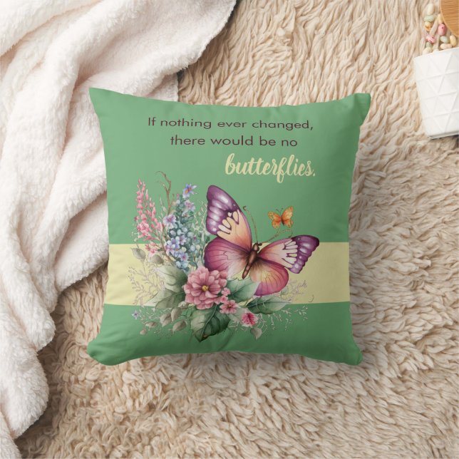 Upmuntrande fjäril och blommor på grön bakgrund kudde (Filt)