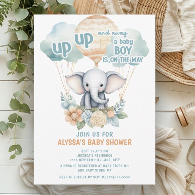 Upp med Elephant Luftballong Blue Boy Inbjudningar (Up, up, and away. A baby boy is on his way. Elephant and hot air balloons baby shower invitation)