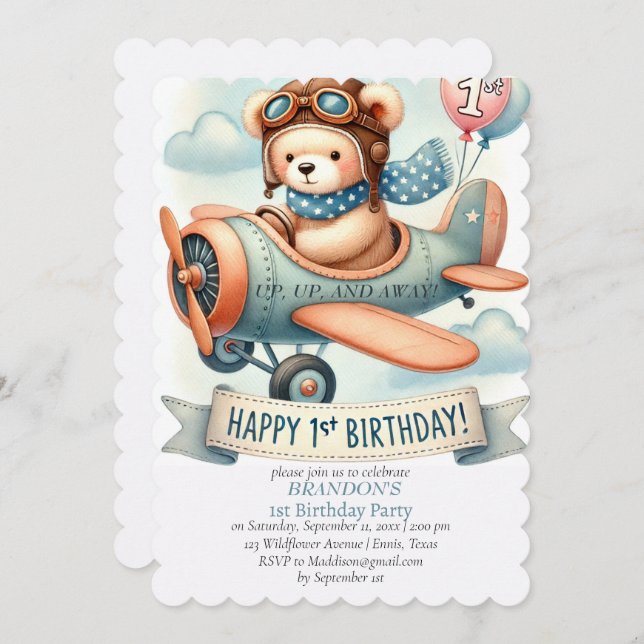 Upp och bort 1:a födelsedagstjockflygplanet inbjudningar (Fram/baksida)