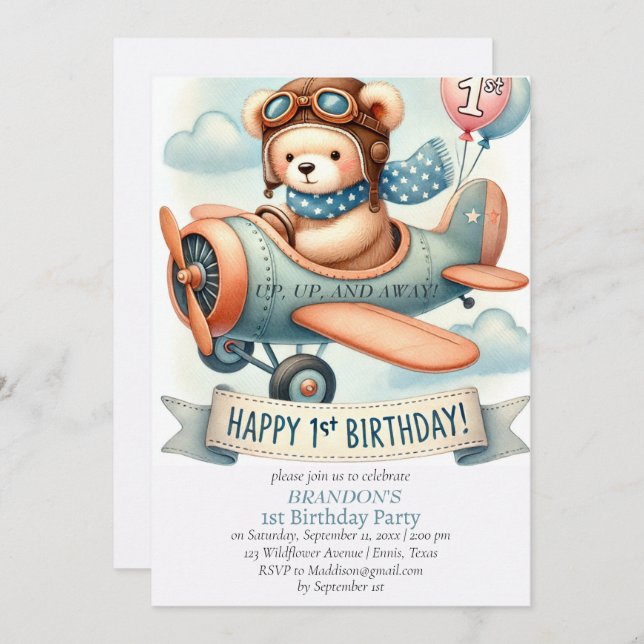Upp och bort 1:a födelsedagstjockflygplanet inbjudningar (Fram/baksida)