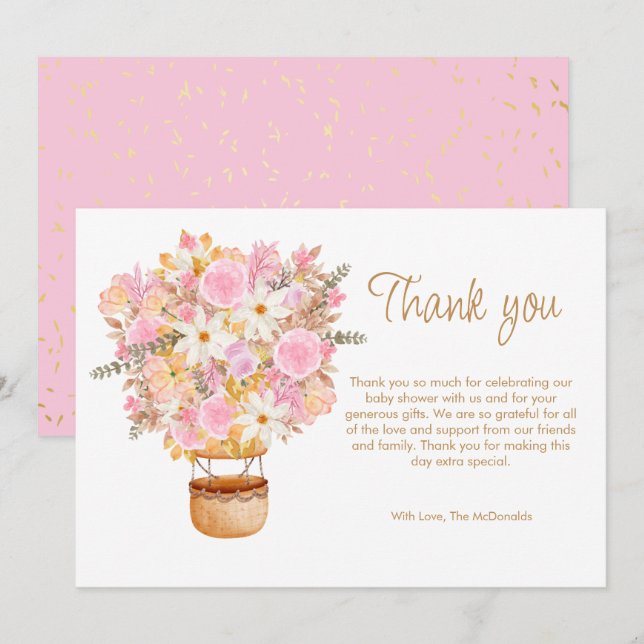 Upp- och bort-Blommigt för Rosa, babystövel Tack Kort (Fram/baksida)