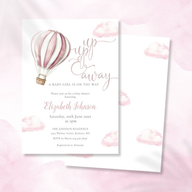 Upp och bort Flickans Rosa Luftballong Babykläder Inbjudningar (Up And Away Girl Pink Hot Air Balloon Baby Shower Invitation)