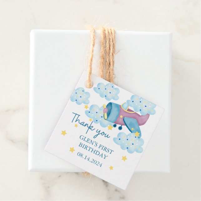 Upp och bort Lila Flygplan Tack Gåvor Etiketter (På plats)