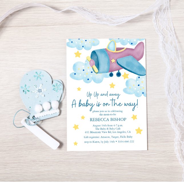 Upp- och bort-Lila-Pojke-dusch på flygplan Inbjudningar (Skapare uppladdad)