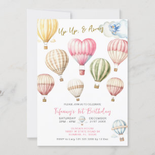 Upp och bort Luftballonger Flicka 1:a födelsedag Inbjudningar