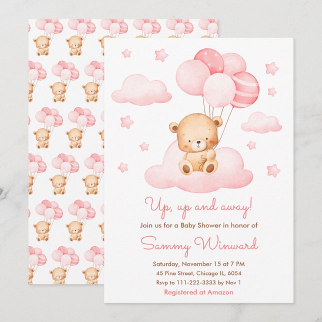 Upp och bort Rosa Balloon Girl Baby Shower Inbjudningar (Fram/baksida)