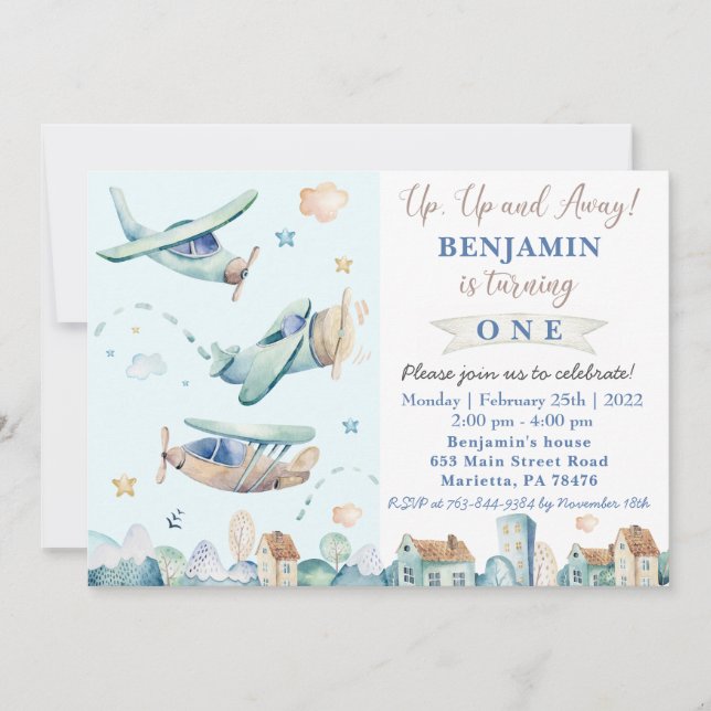 Upp och bort | Vintage Flygplanets Födelsedagsfest Inbjudningar (Framsida)
