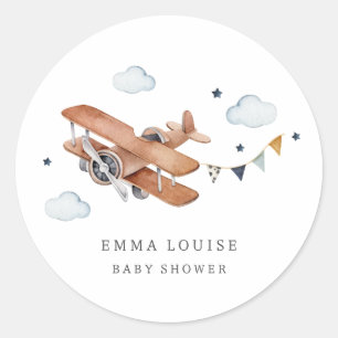 Upp och bort, Vintage, vattenfärgsflygplan, babysk Runt Klistermärke