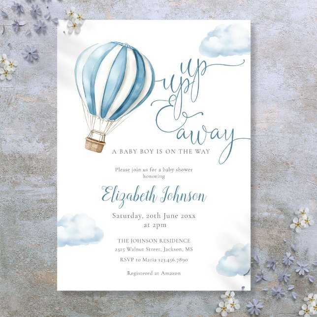 Upp och förbi Blue Luftballong Baby Shower Inbjudningar (Up And Away Boy Blue Hot Air Balloon Baby Shower Invitation)