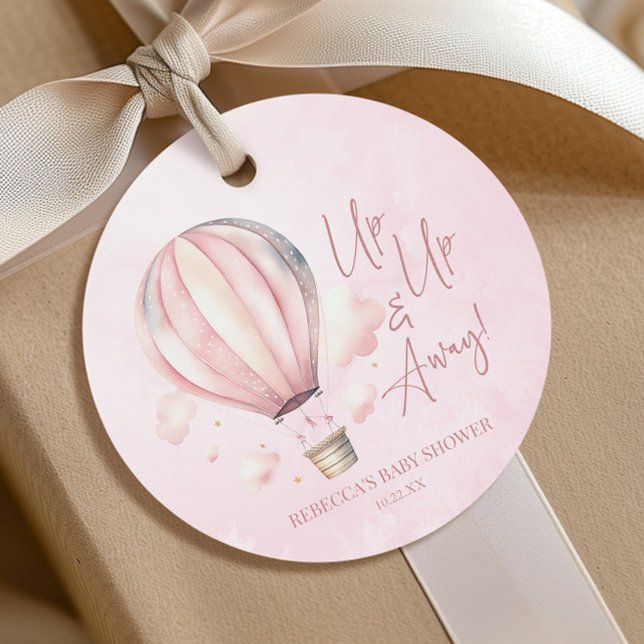 Upp och iväg! Rosa Luftballong Baby Shower Gåvor Etiketter (Skapare uppladdad)