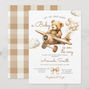 Upp, upp och bort Flygplan Bear Baby Shower Gingha Inbjudningar
