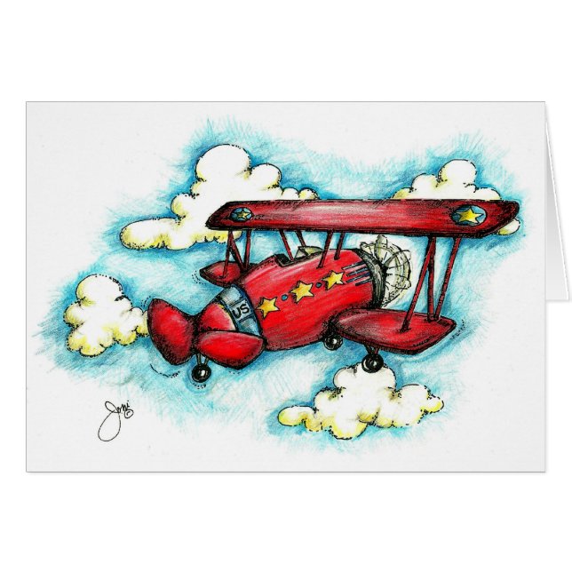 Upp! Upp! och bort - Retro flygplan med moln Hälsningskort (Framsidan Horizontal)