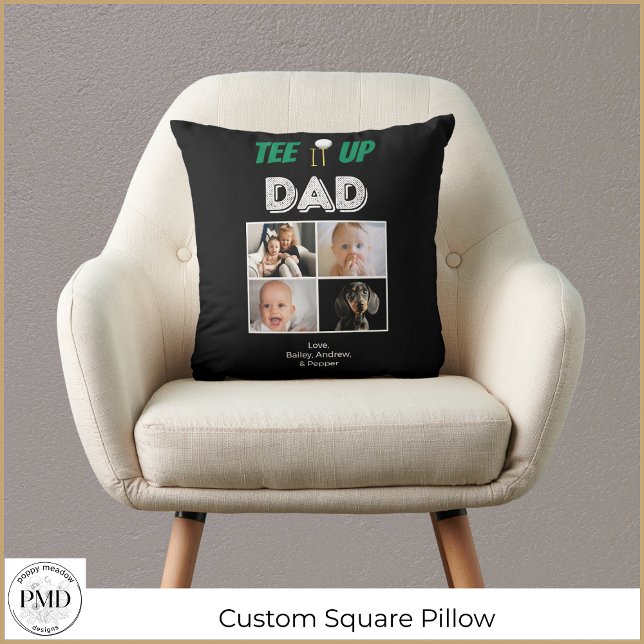 Uppåt foto Pappa Anpassningsbar Fars dag 4 Kudde (Tee It Up Dad Custom Fathers Day 4 Photo Square Throw Pillow with Children's Names, Photos.)