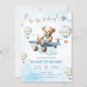 Uppåt och bort Bear Luftballong Boy 1 Birday Inbjudningar