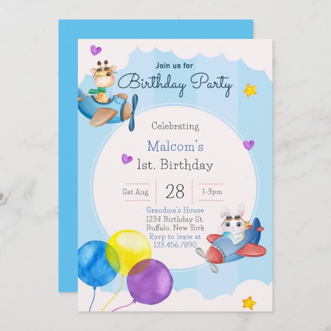Uppåt och bort från Flygplan 1:a födelsedagsbjudan Inbjudningar (Fram/baksida)
