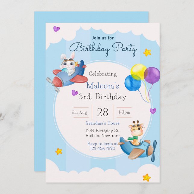 Uppåt och bort från Flygplan 3:e födelsedagspartie Inbjudningar (Fram/baksida)