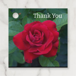 Uppåt röd ros nära gåvor etiketter