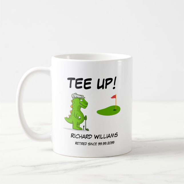 Uppåt tröttad Golf Dinosaur Player-Tecknad Kaffemugg (Vänster)