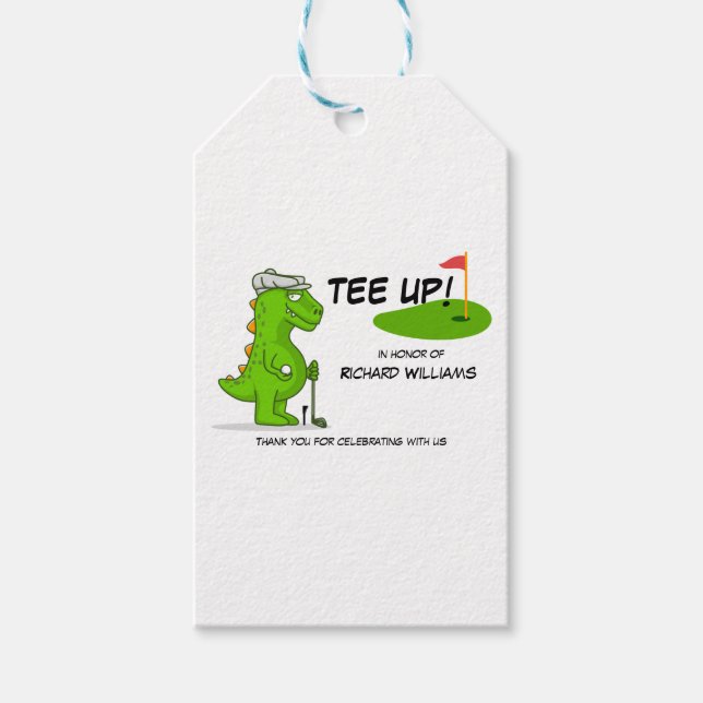 Uppåt tröttad Golf Dinosaur Player-Tecknad Presentetikett (Framsidan)