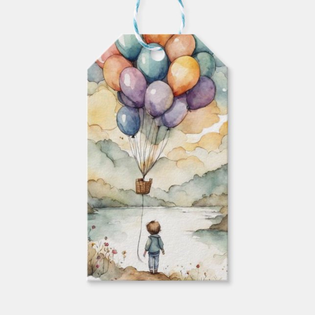 Uppåt, upp och bort, ballonger på födelsedagen presentetikett (Framsidan)