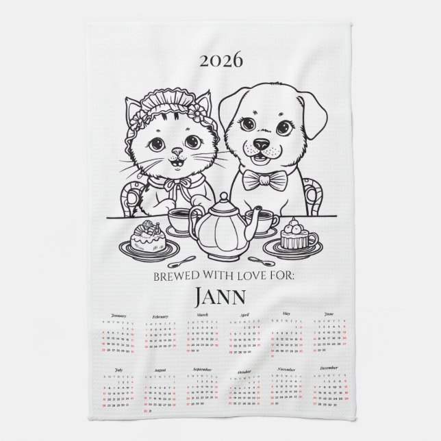 Uppblåst med kalender för Kärlek Cat & Hund Tea To Kökshandduk (Vertikal)