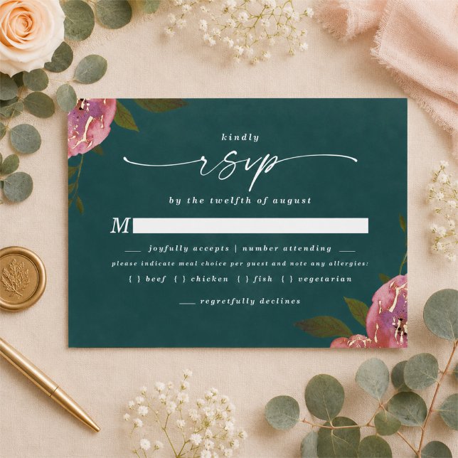 Uppblommande Chic Tealgrön Måltidval RSVP-kort OSA Kort (Moody dark teal floral meal choice rsvp cards)