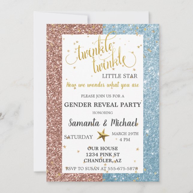 Uppbörd för Twinkle Star Glitter Gender Guld Party Inbjudningar (Framsida)