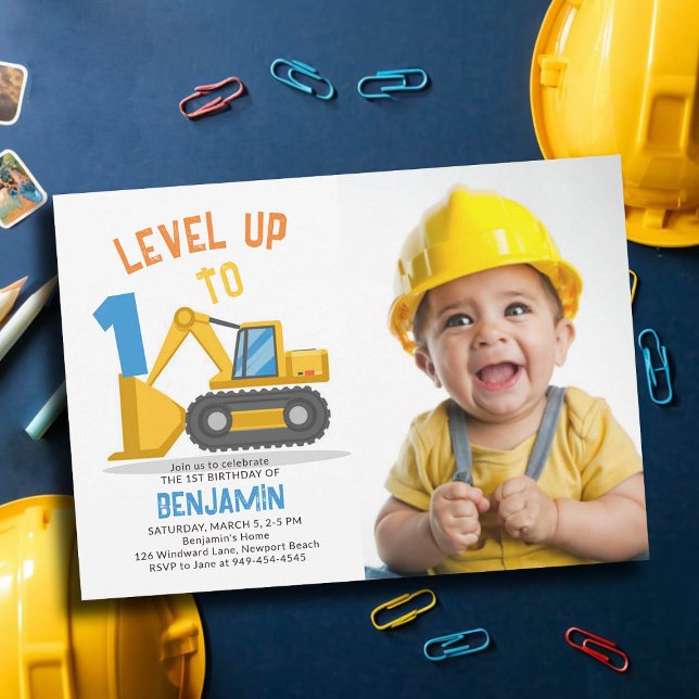 Uppbyggnad på Lastbil-nivå Uppåt fotopojke 1:a föd Inbjudningar (photo construction invitation 1st birthday first one boys bulldozer vehicle truck theme personalized)